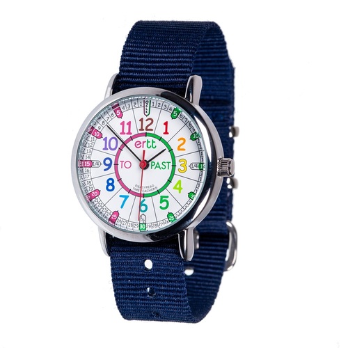 Time Teacher Watch - Rainbow Face - Navy Blue Strap